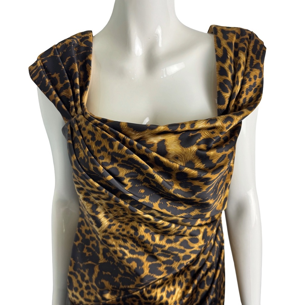 Tadashi Shoji Leopard Print Cocktail Dress | Ruched Satin Bodycon Sz 6